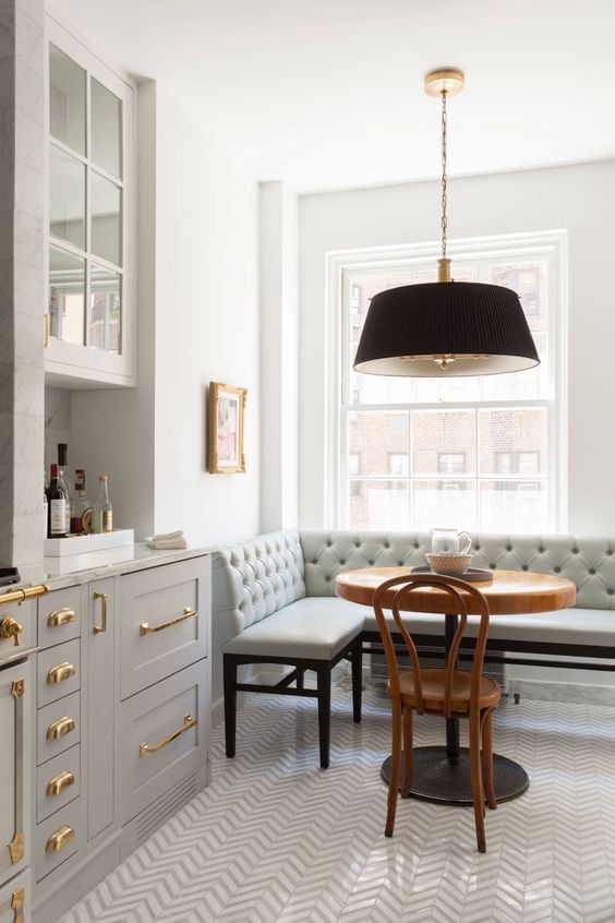 grey and gold kitchen inspiration banquette